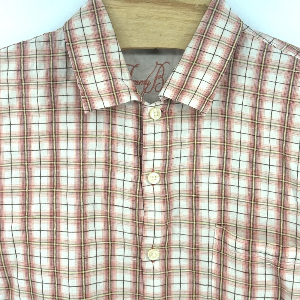 Tommy Bahama Mens Large Linen‎ Silk Plaid Short Sleeve Button Up Shirt Pink Tan